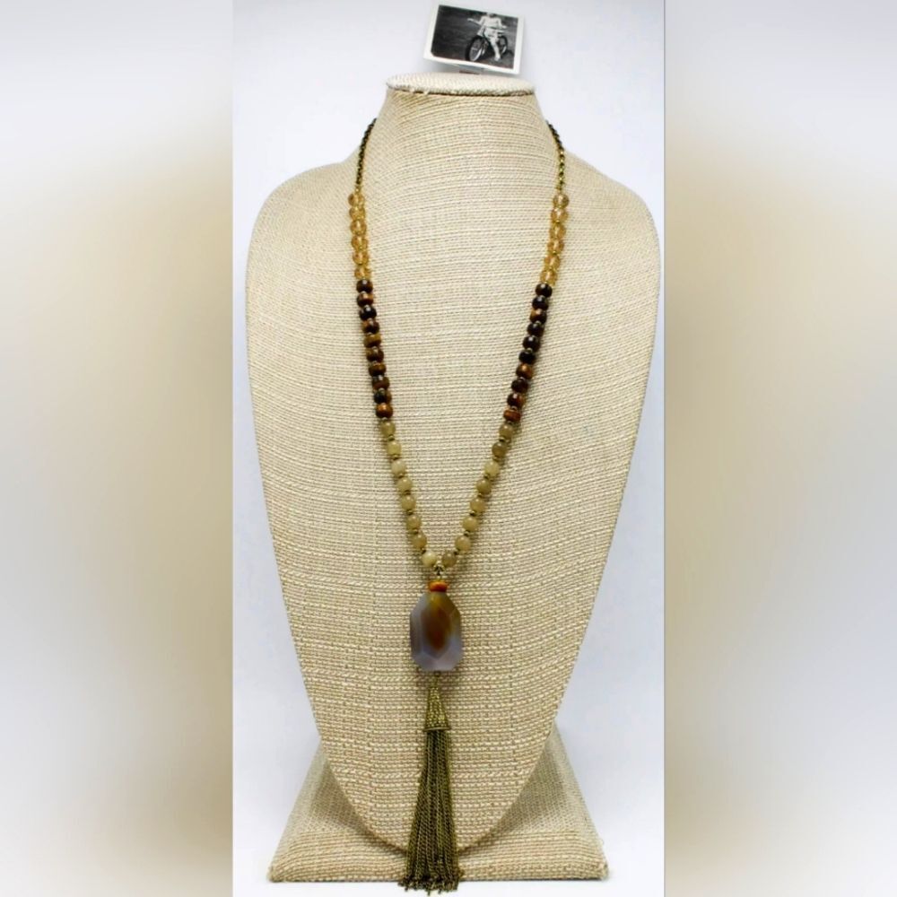 Earthy Glass Bead & Stone Tassel Pendant Necklace by Anthropologie NWT